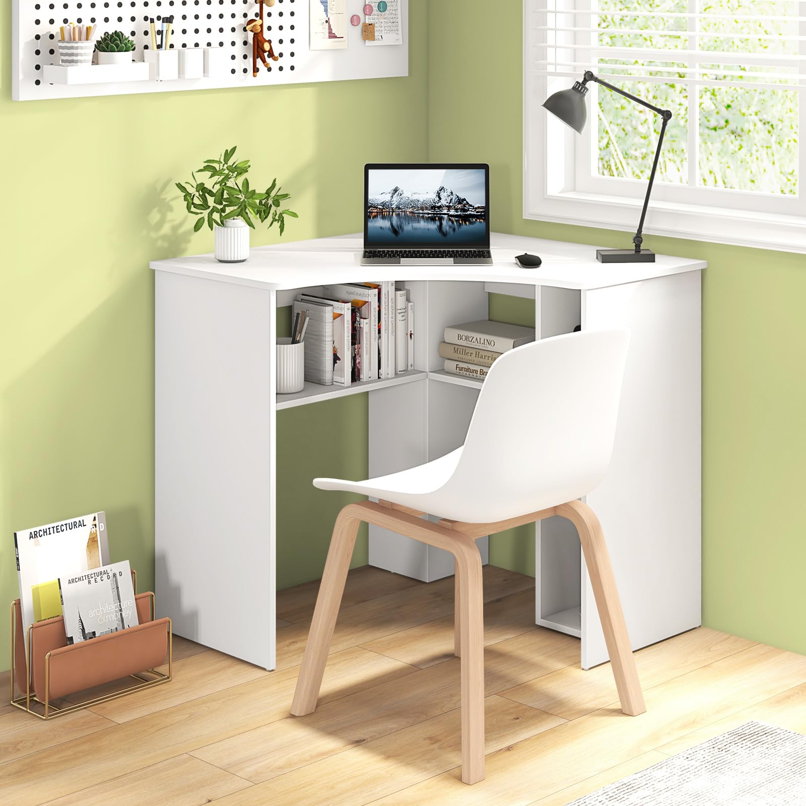 White Corner Desk with Storage Shelves, Space-Saving Triangle Study Writing Desk