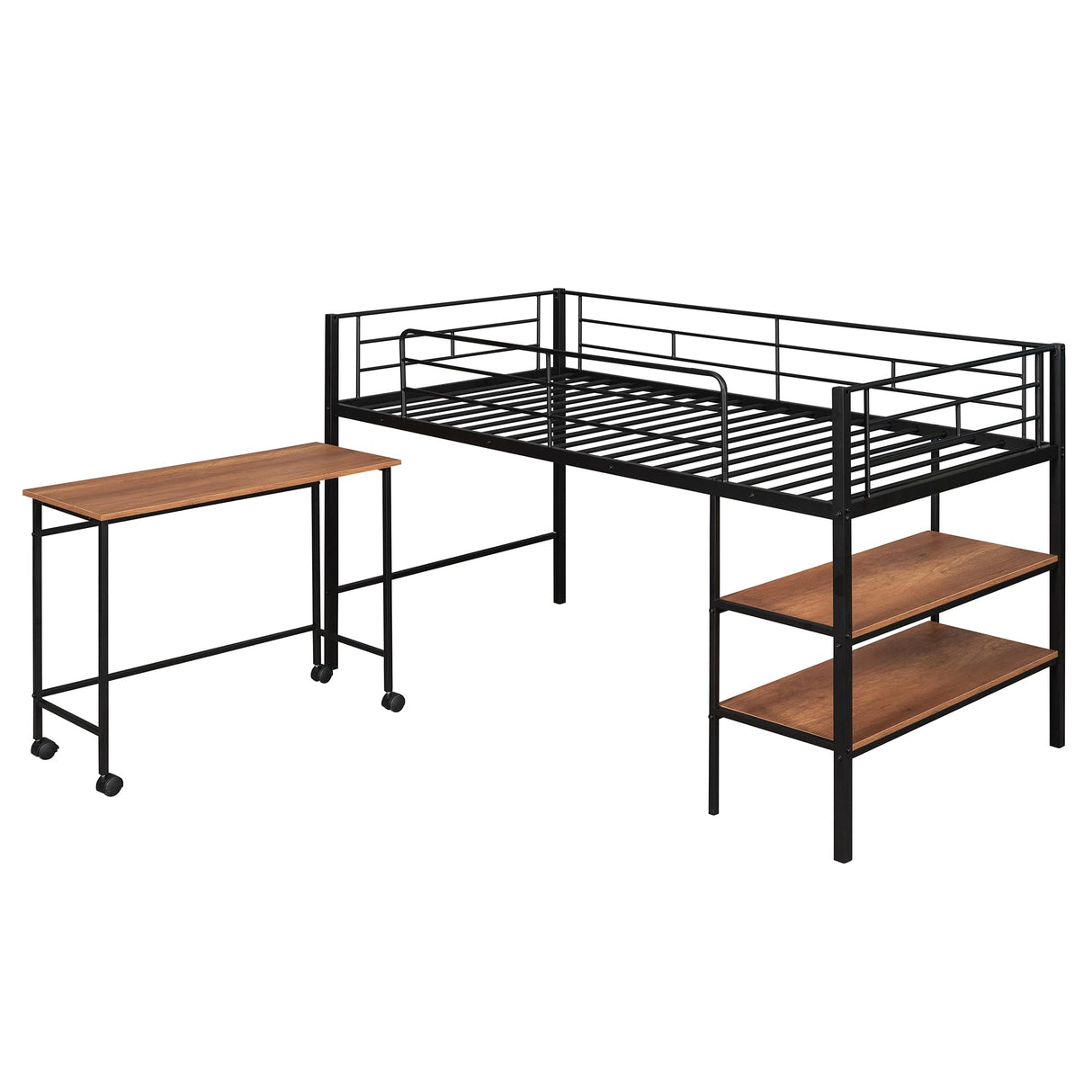 Twin Size Loft Bed with Desk and Storage Shelves,Metal Twin Size Bed with Rolling Portable Desk, Low Loft Bed with Full-Length Guardrail for Kids Boys Girls Teens(Black)