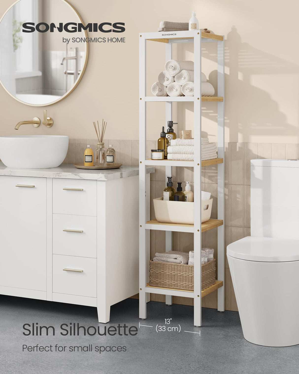 5-Tier Bamboo Bathroom Shelf, Narrow Shelving Unit