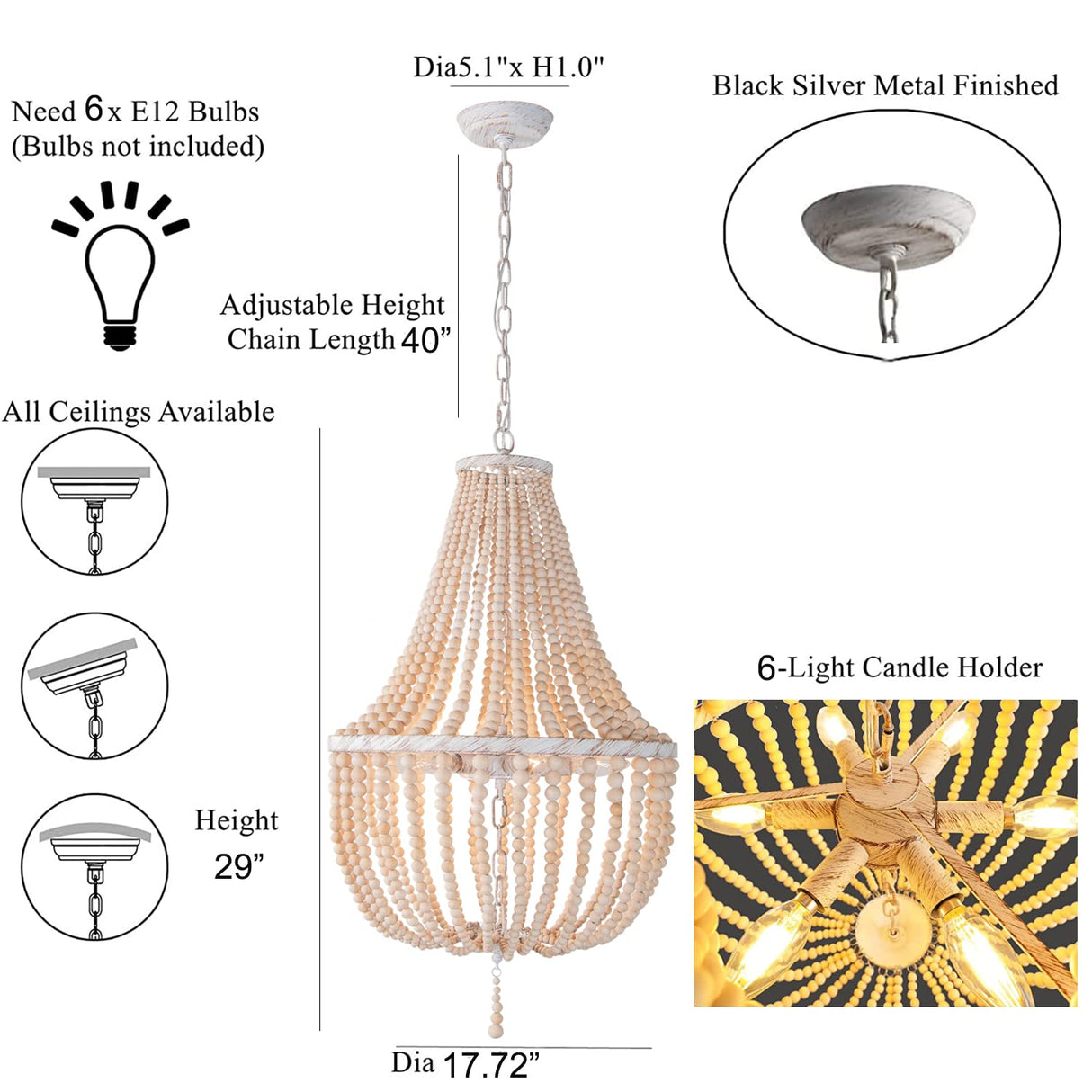 18-inch Boho Wood Beaded Chandelier Modern Farmhouse Ceiling Pendant Hanging