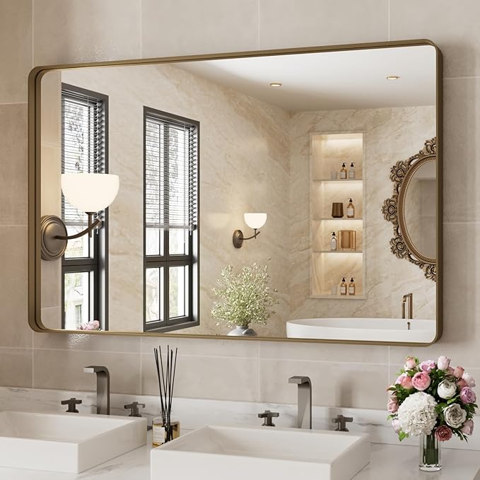 Bathroom Mirror , Rounded Rectangle White Metal Frame Mirror