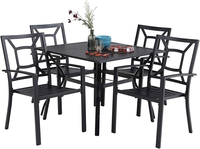5 Piece Metal Patio Dining Set 37" Square Patio Bistro Table and Garden Backyard Chairs - Umbrella Hole 1.57"