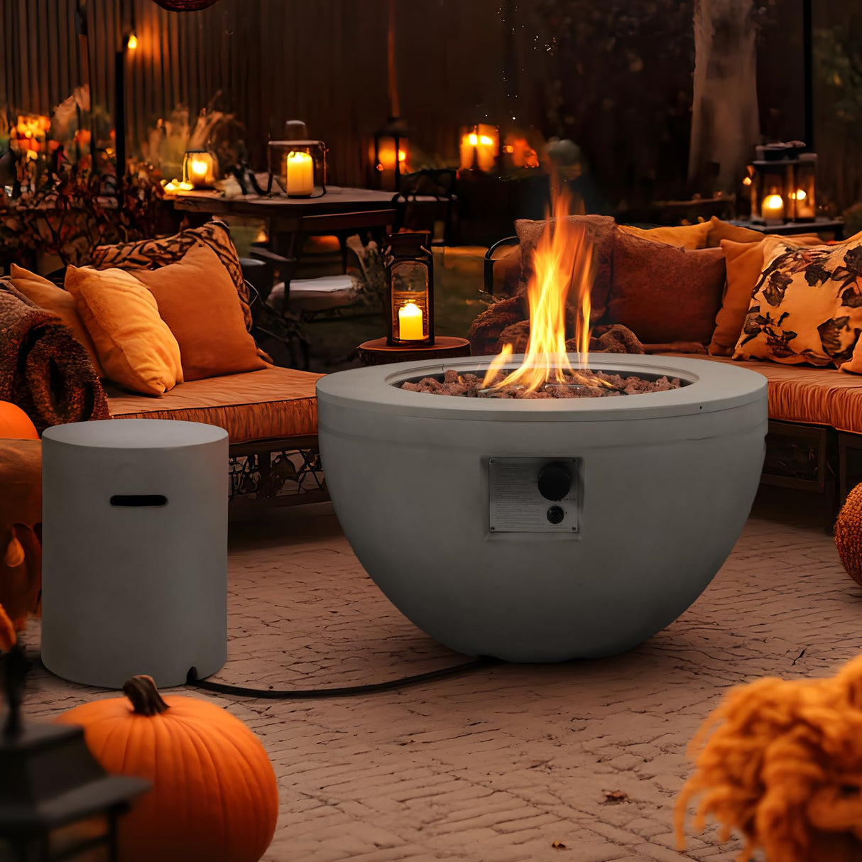 lovamsal Round Propane Fire Pit Table,30 Inch Outdoor Fire Pit Table Set w Tank Cover,2 - Piece 40,000 BTU Modern Gas Fireplace for Patio w Lava Rocks/Rain Cover, for Backyard & Deck - Bircata