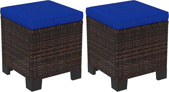 2 Pieces Outdoor Patio Ottomans, All Weather Wicker Outdoor Footstools
