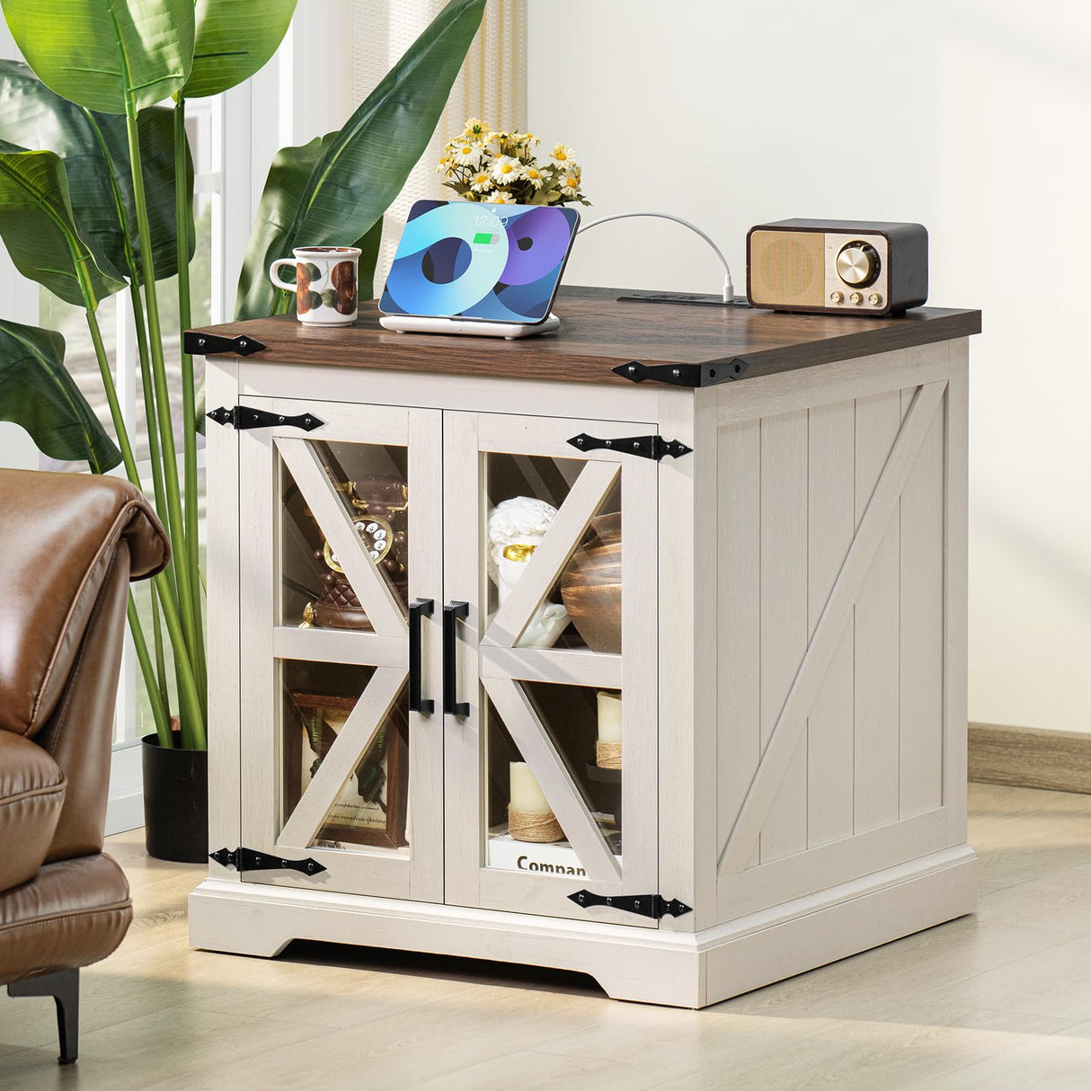 24" End Table Set of 2 with Charging Station, Farmhouse Night Stand with Glass Barn Door