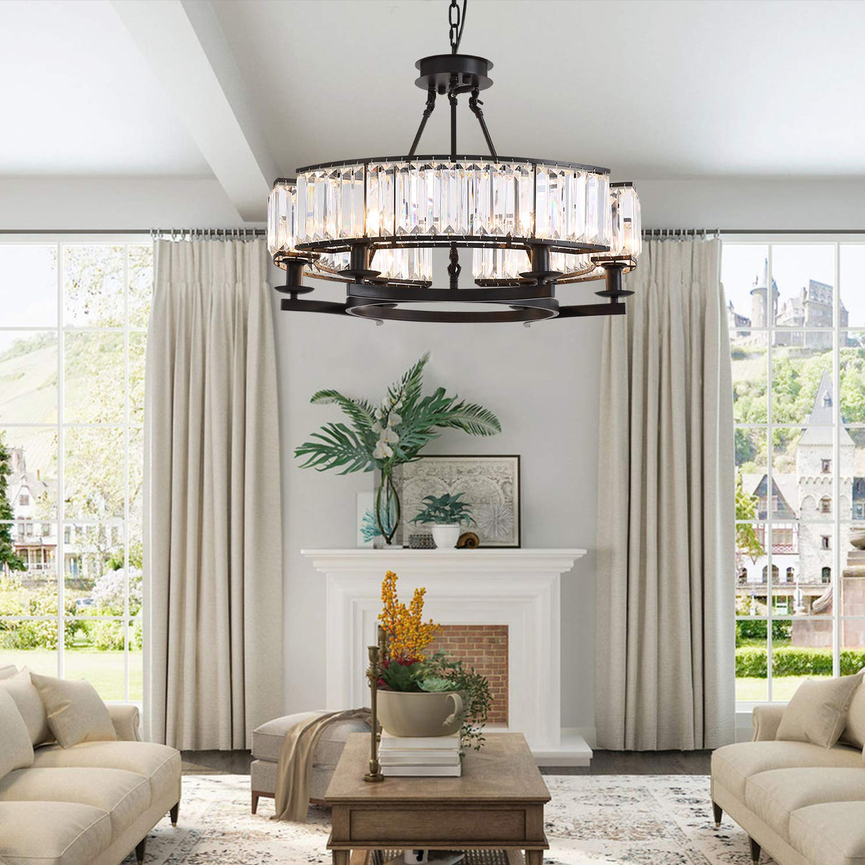 Round Crystal Chandelier Black Modern Industrial Pendant 6 Lights