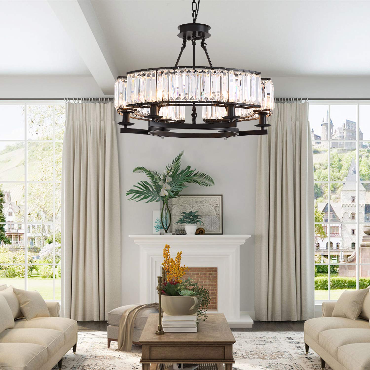 Round Crystal Chandelier Black Modern Industrial Pendant 6 Lights