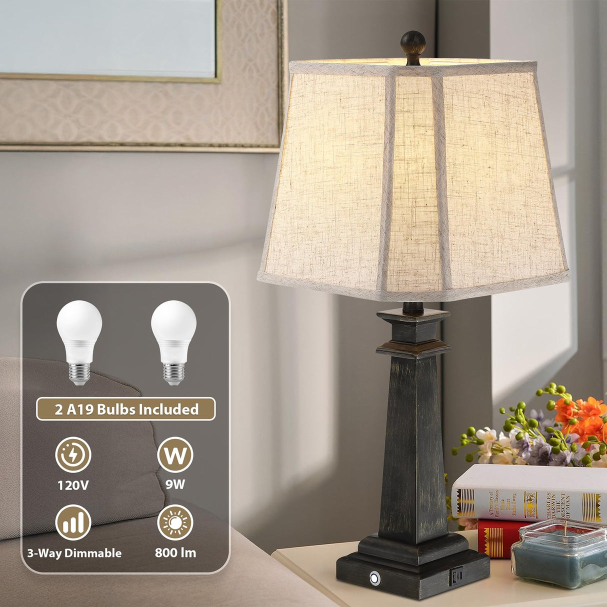 27.5" Farmhouse Table Lamps Set of 2 with USB Charging Ports