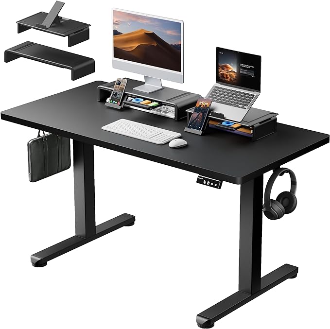 Standing Desk with Dual Monitor Stand Riser, 48 x 24 Inches Height Adjustable Desk with Storage, Electric Stand up Desk with Laptop Stand (Black/White)