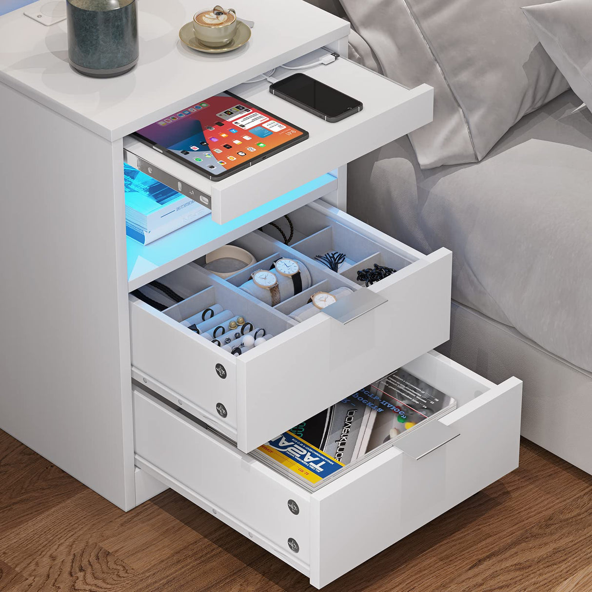 ED Nightstand White Nightstand with Wireless Charging Station 2 Drawers