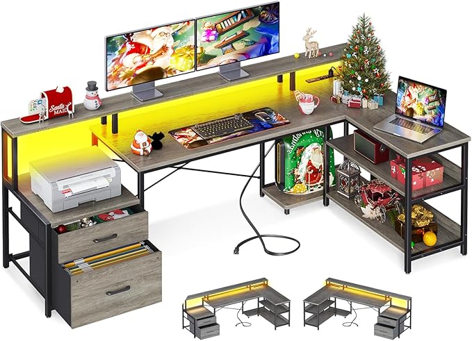 L Shaped Standing Desk with LED Light and Power Outlet, Dual Motor Height Adjustable