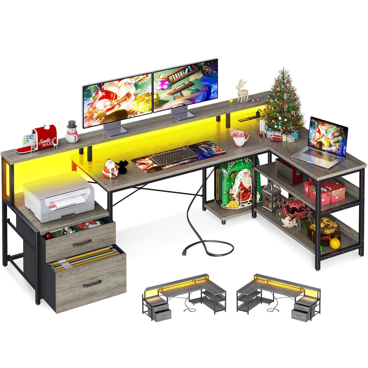 ODK L Shaped Desk with File Drawer, 75" Reversible L Shaped Computer Desk with Power Outlet & LED Strip, Office Desk with Storage Shelves, Gaming Desk with Monitor Shelf, Corner Desk, Grey Oak