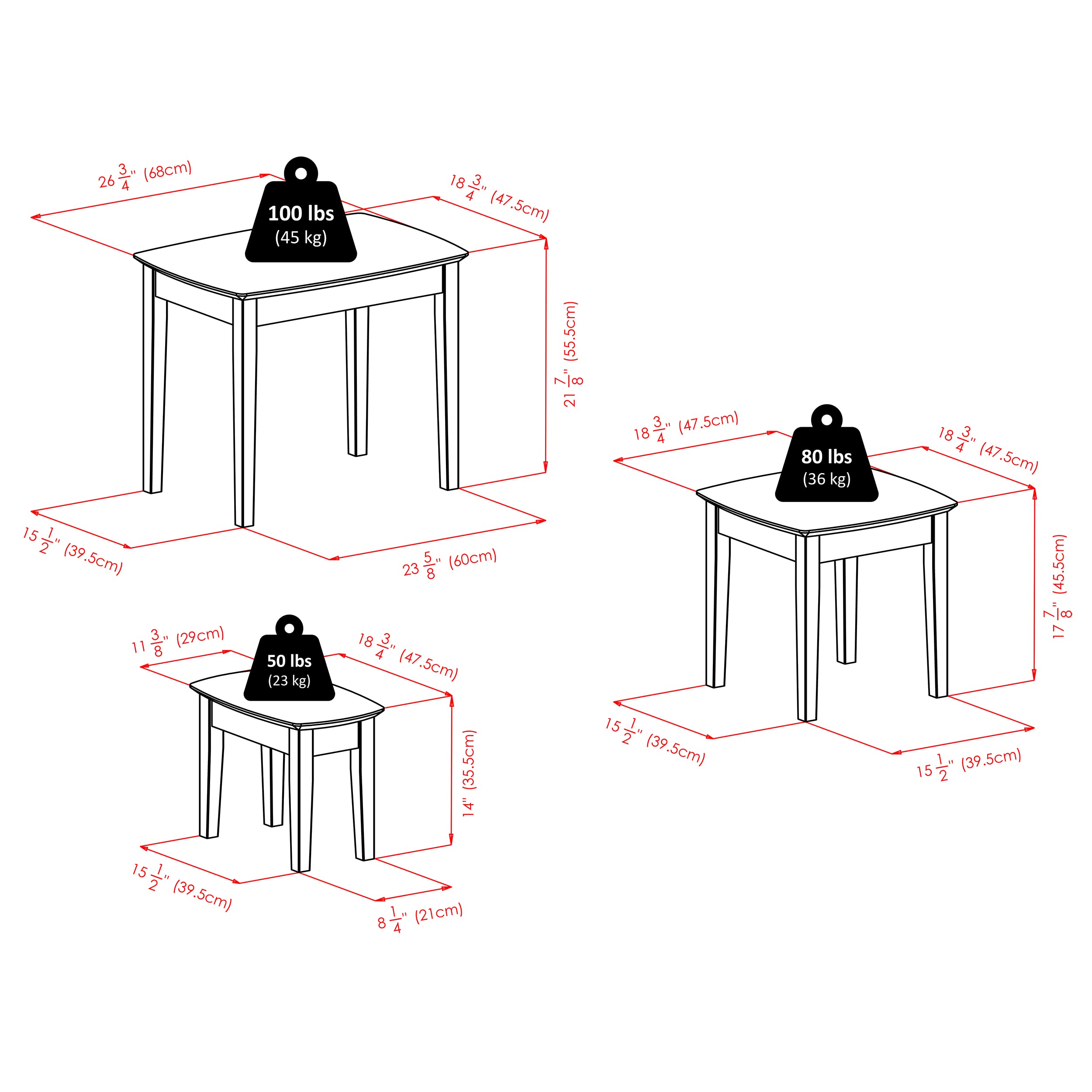 Nesting Tables, 21.9"H, 17.9"H, 14"H, Walnut