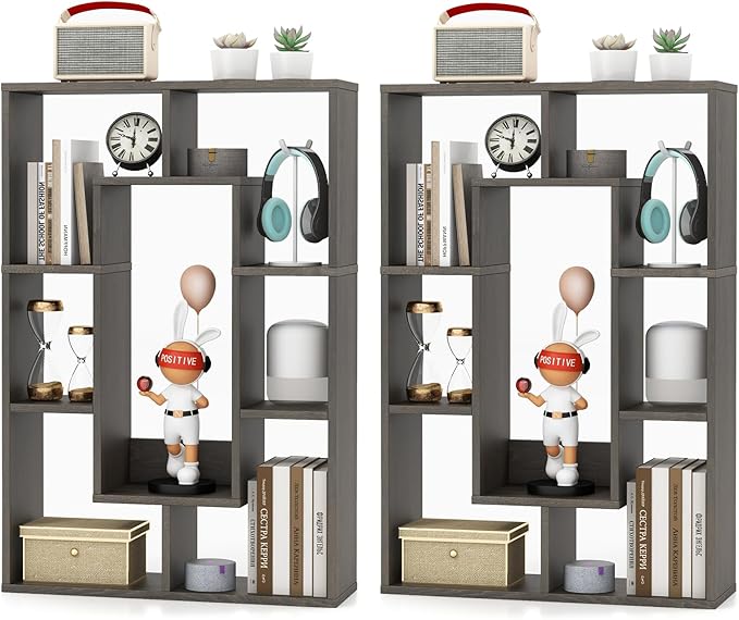 35.5” Geometric Bookshelf, Freestanding Wood Open Bookcase with 7 Cubes, Anti-Toppling Devices, Home Office Décor Rectangular Storage Shelf Display Rack for Study Living Room (1, Natural)