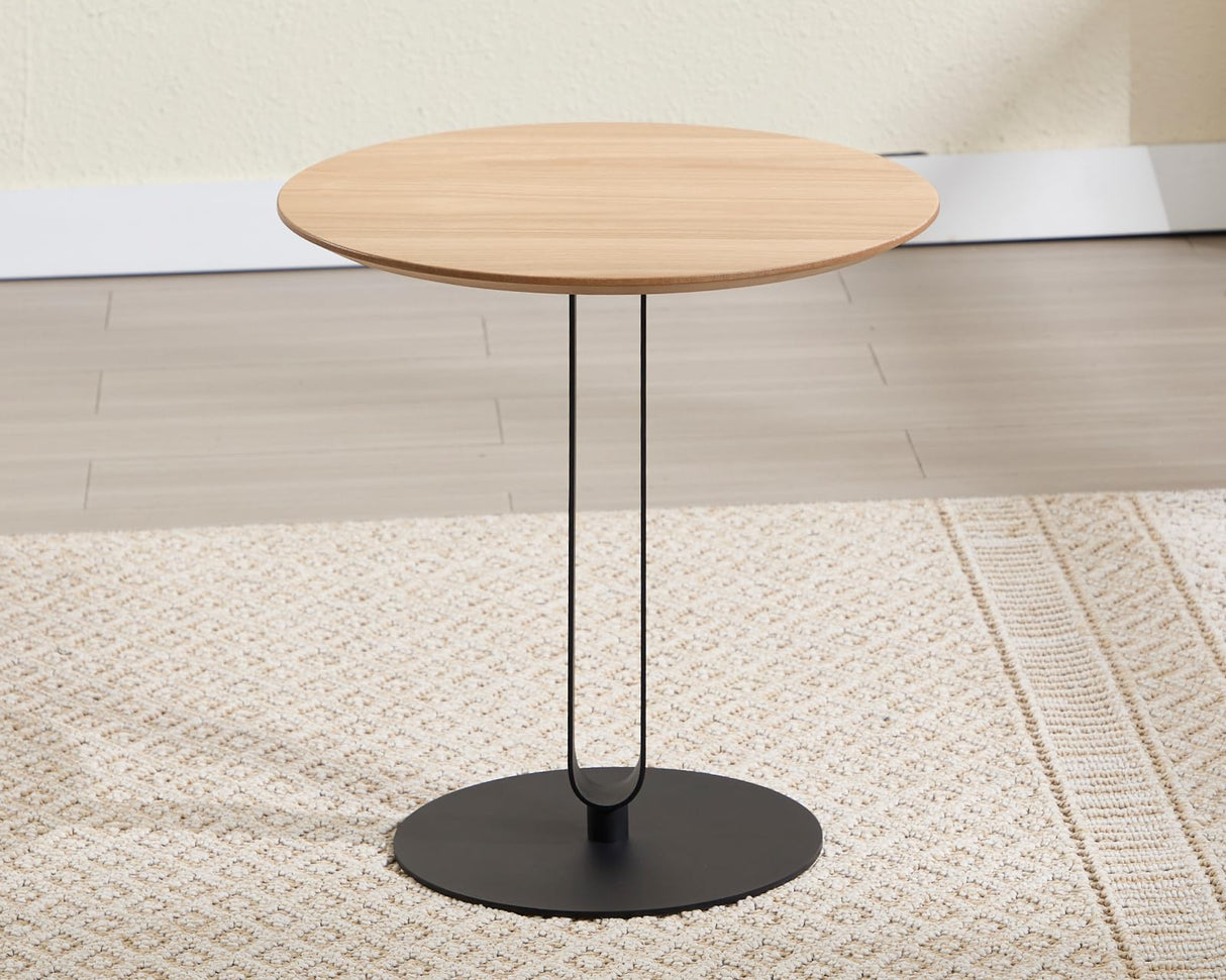 Modern Side Table, Round End Table with Black Metal Frame, Wood Nightstand Bedside Table for Small Spaces Living Room Bedroom Office, Natural Wood Color