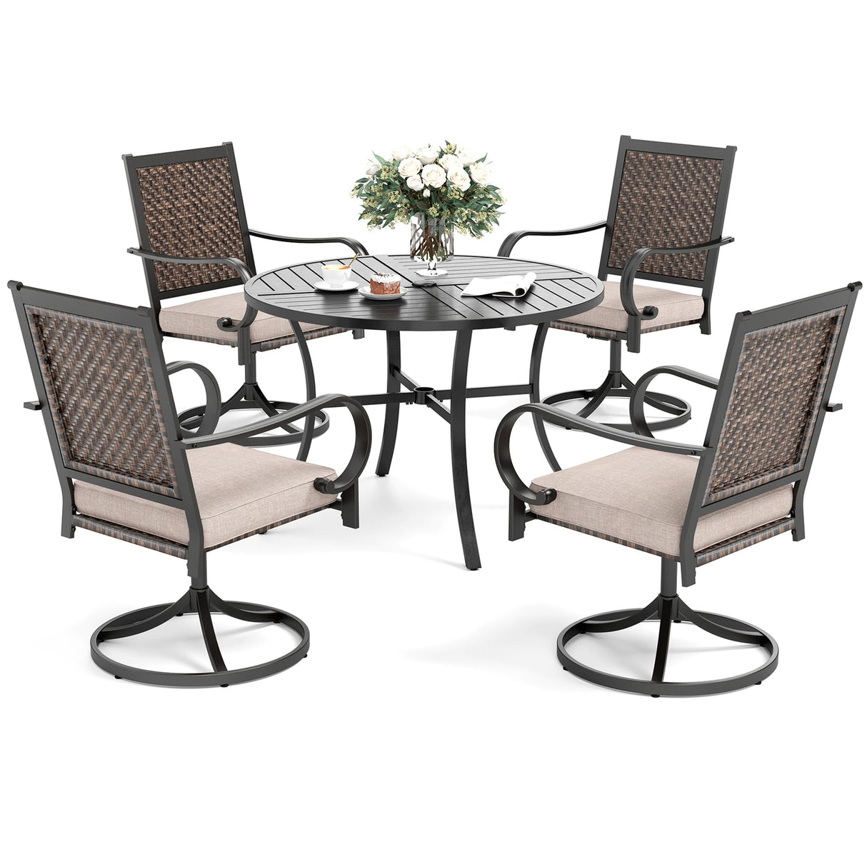 5 Pieces Patio Dining Set for 4, Wicker Outdoor Dining Set with Round Patio Table