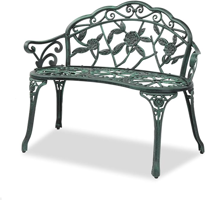 38.5" Patio Park Garden Outdoor Metal Rose Bench,Cast Iron Cast Aluminium Frame Antique Finish Chair