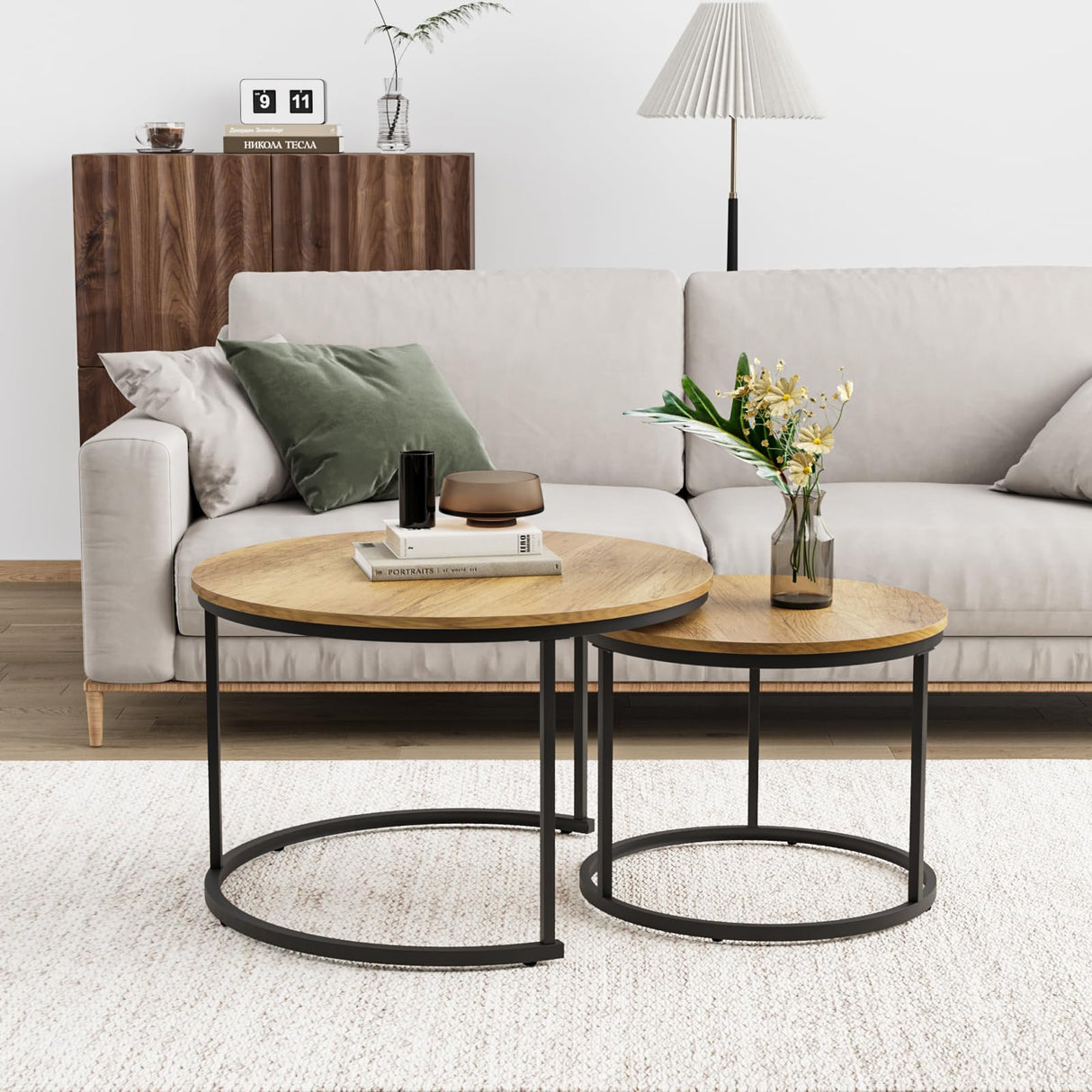 Nesting Coffee Table Set of 2, 27.6" Round Coffee Table Wood Grain Top with Adjustable Non-Slip Feet, Industrial End Table Side Tables for Living Room Bedroom Balcony Yard