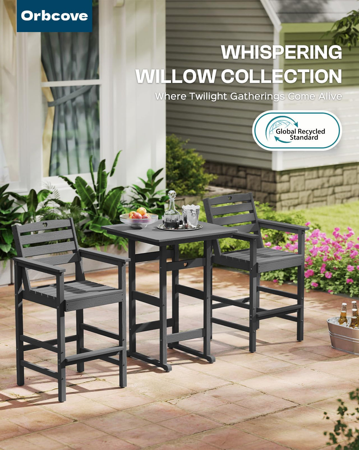 Orbcove 3-Piece Bar Height Patio Table and Chairs Set, HDPE Wood Grain Outdoor Bar Table and Chairs with Heart Cutout Design, Weather-Resistant Bar Height Furniture for Deck, Porch, Pool (Grey)