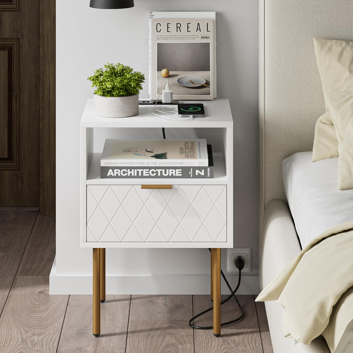 Nightstand with Charging Station,Mid-Century Modern Bedside Table with Storage Drawer