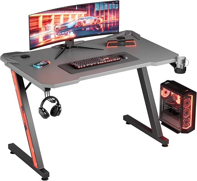 Gaming Desk Computer Desk Z-Shaped Gaming Table with Carbon Fibre Surface