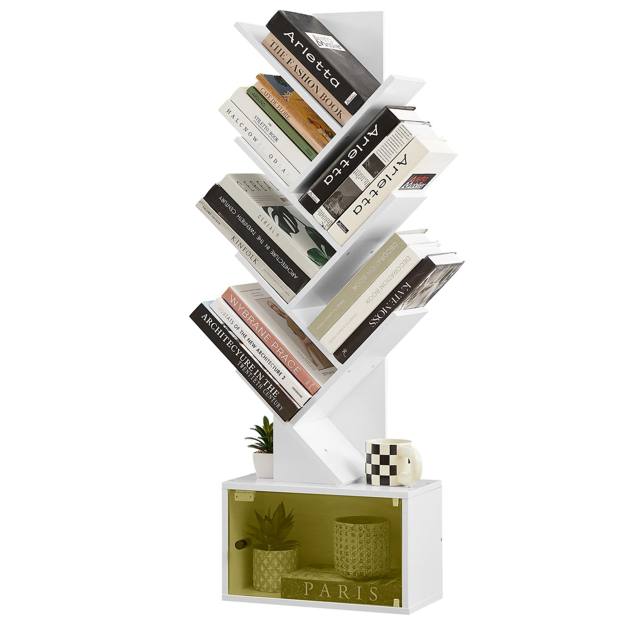 7-Tier Tree Bookshelf with Drawer, Wooden Tree-Shaped Book Display Shelves for CDs/Magazines/Books, FreeStanding Geometric Bookcase Organizers for Home Office, Ivory White