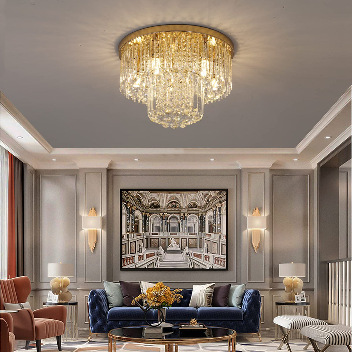 Gold Crystal Raindrop Chandelier Flush Mount Ceiling Light, 5 Lights Modern Round K9 Crystal Chandelier