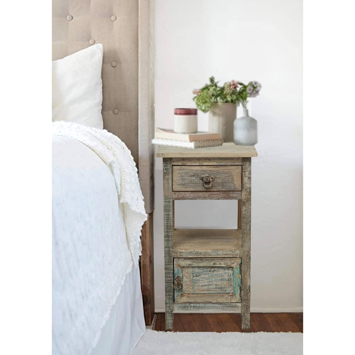 Recycled Solid Wood Made, Antiqued Finish W40xDP25xH50 cm Sized Bedside Table