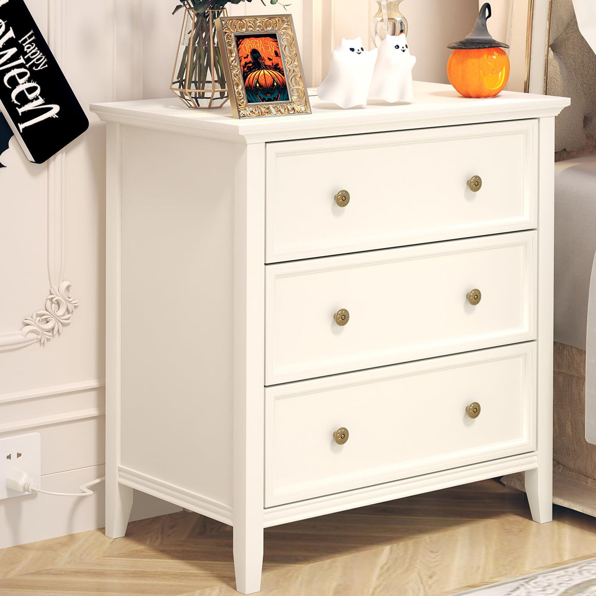 White Nightstand with 3 Drawers and Charging Station, Solid Wood Nightstand