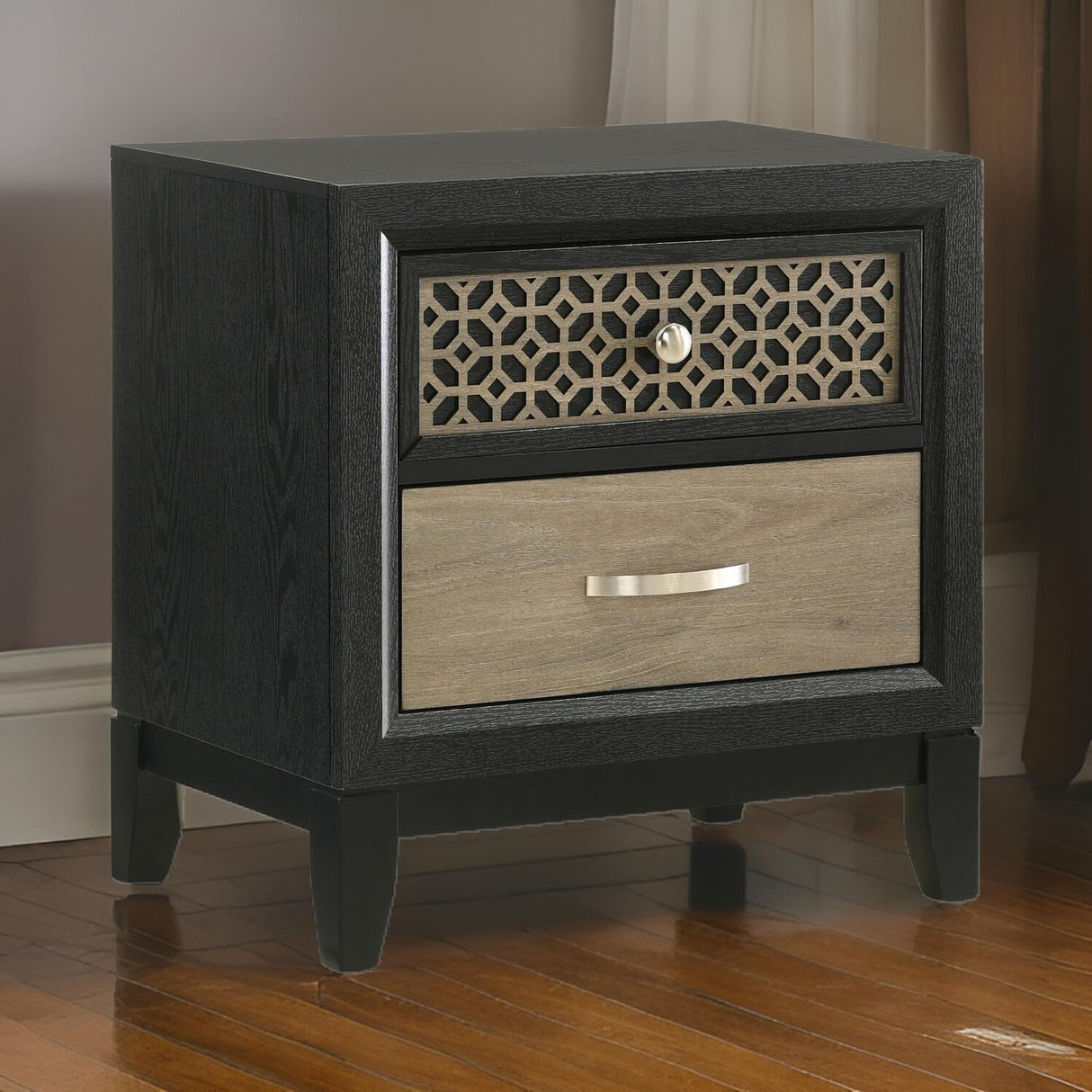 AKI 25 Inch Nightstand, 2 Drawers, Geometric Cut Out Front, Black, Brown and Silver