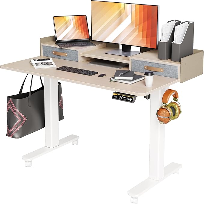 Desk with Drawers, Adjustable Height Stand up Desk with Storage Shelf, Electric Small Sit Stand Desk with Splice Board, 48 Inch, White