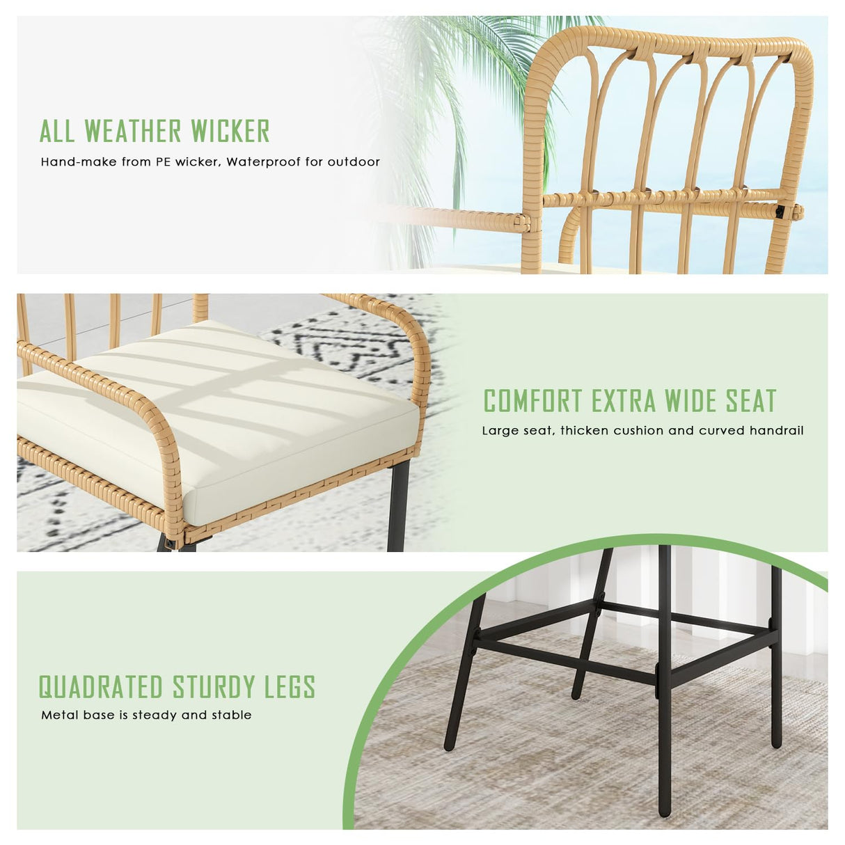 Vikiullf 3 Pieces Patio Bar Table Set, Outdoor Wicker Bar, All Weather Height Bar Stools and Table Set, for Garden, Deck, Balcony