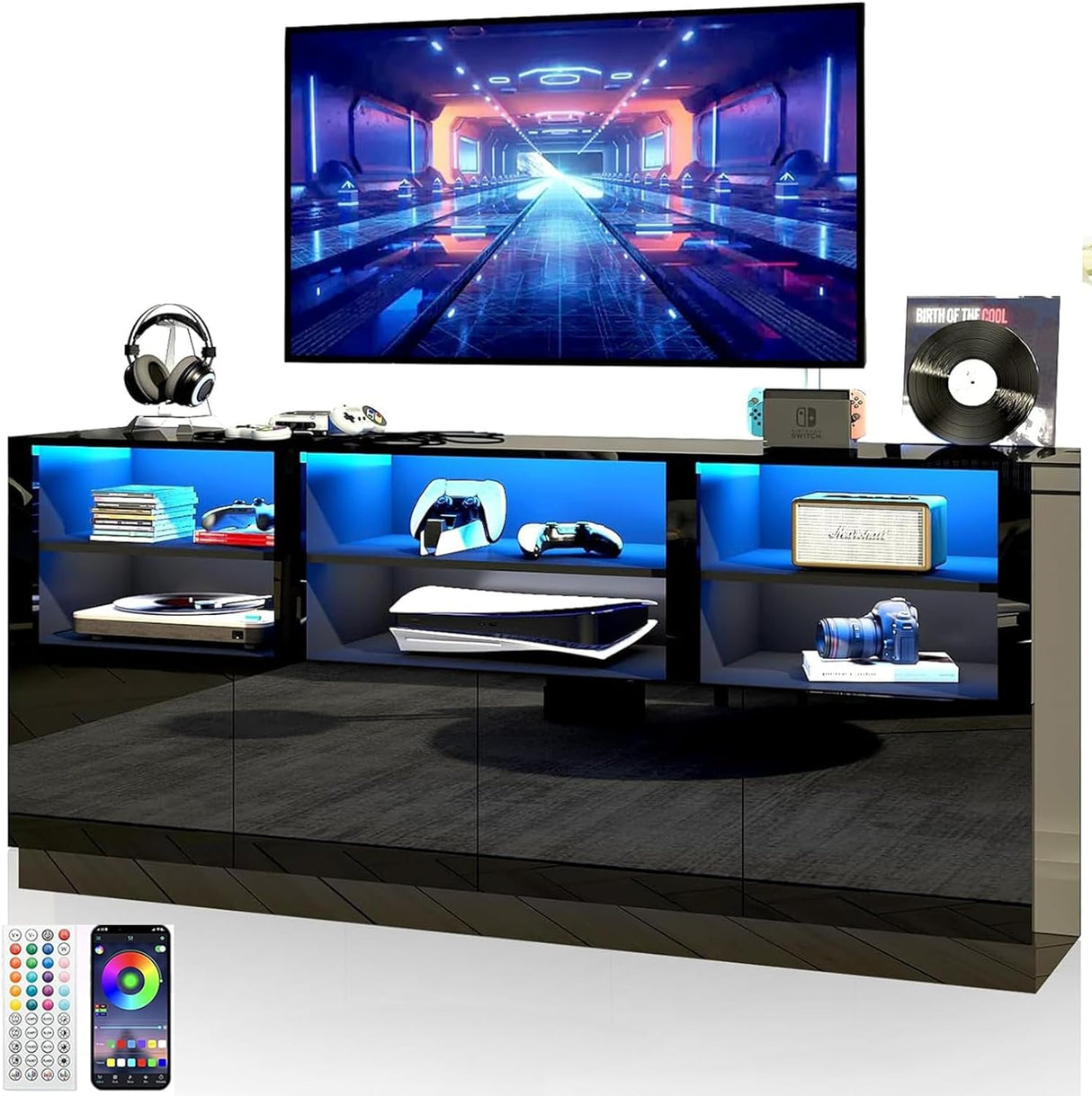 Black TV Stand for 65/75/80/85 Inch TVs with RGB LED Lights
