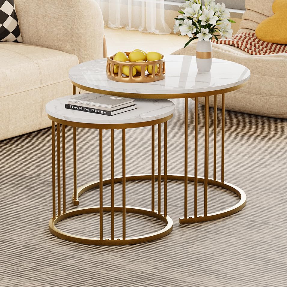 Coffee Table Faux Marble Nesting Table for Small Place 2 Sets Modern Furniture Living Room Sets
