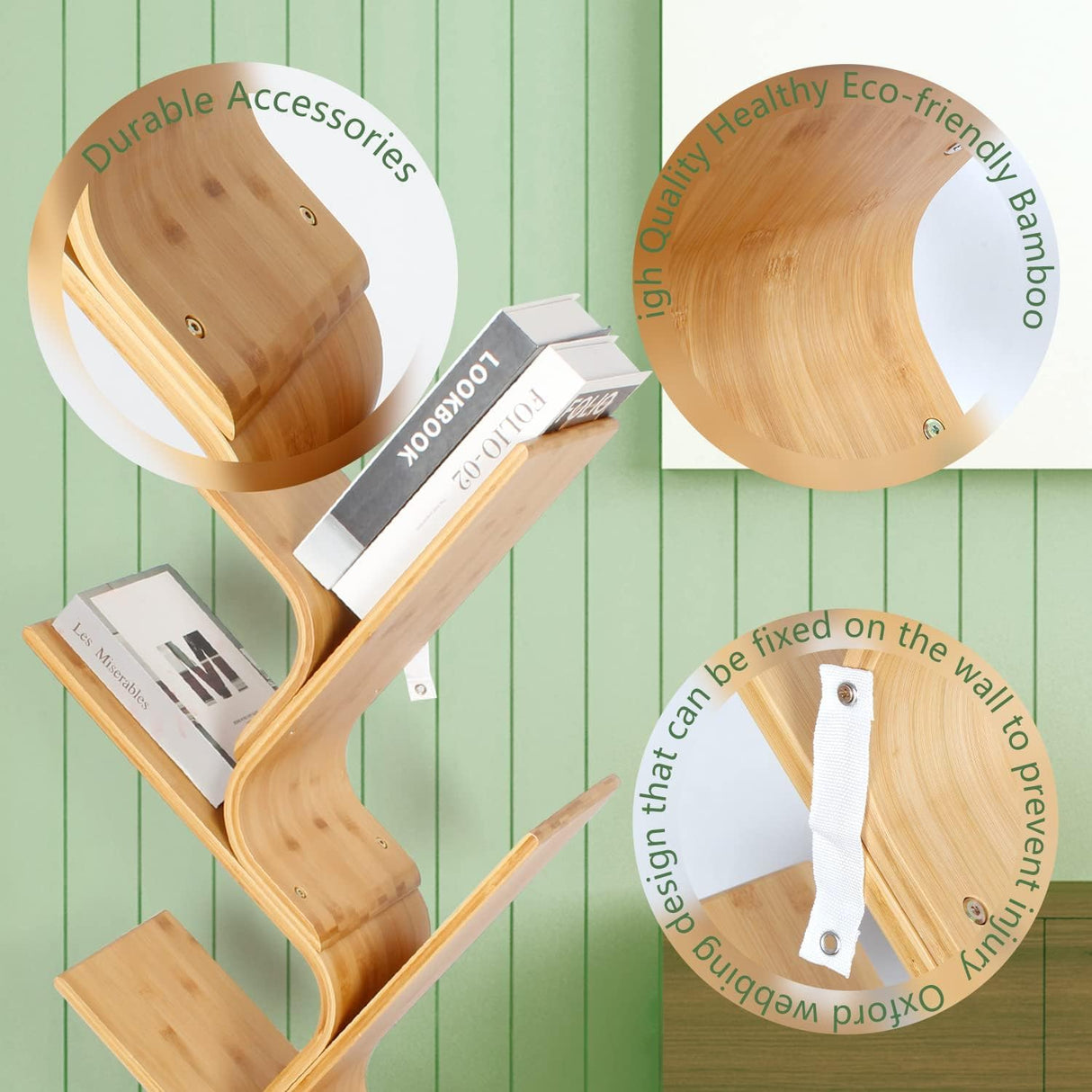 PEYNIR Multi-Layer Bamboo Bookshelf Standing Bookcase Office Curved Book Storage Bookshelf Suitable for Home Living Room Corner Bedroom Boho Bookshelf