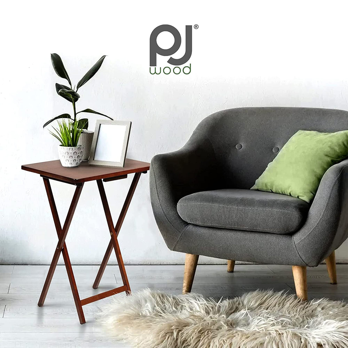 5 Piece Set, 4 Folding Wooden TV Tray Snack Tables with Storage Rack, Honey Oak