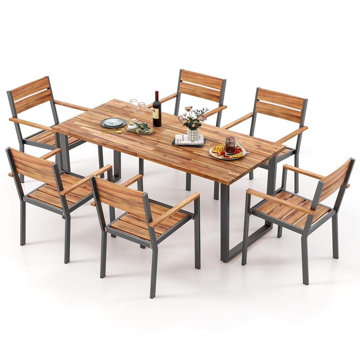 6 Heavy Duty Acacia Armrest Chairs and Rectangle Table Set, Suitable for Deck Lawn Garden Poolside and Backyard