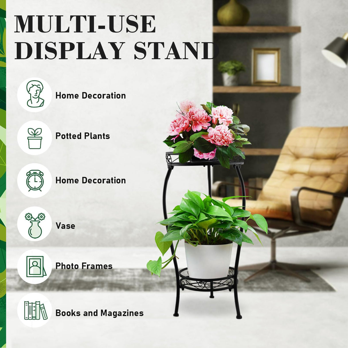 EverBloom 15-Inch Tall Round Metal Plant Stand, 2-Pack