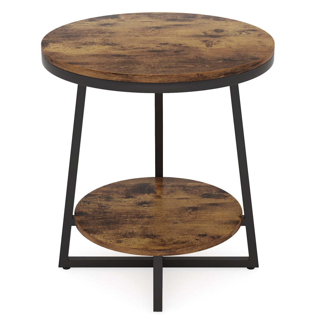 End Table, 2 Tier Round Side Table Accent Table for Living Room, Rustic Brown