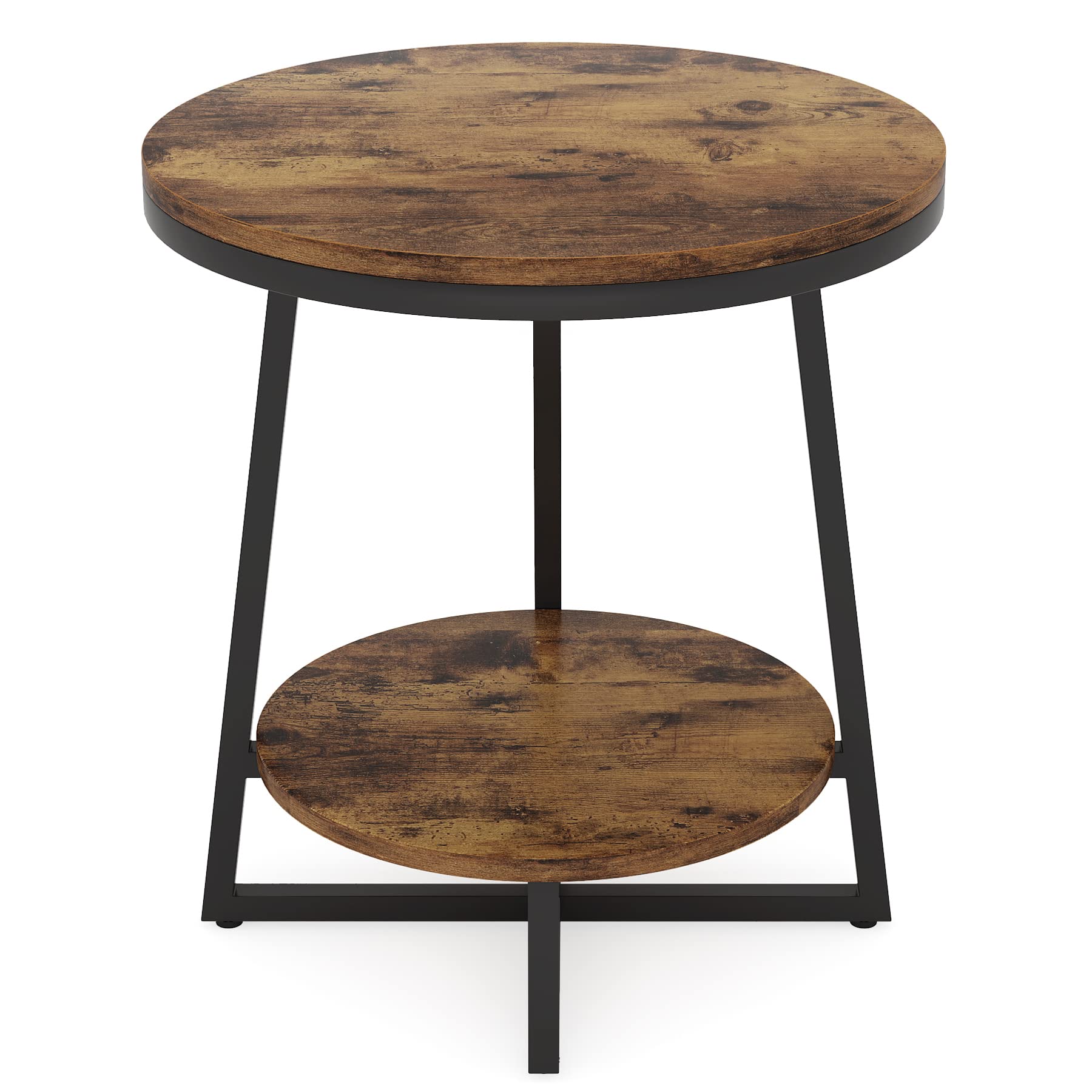 End Table, 2 Tier Round Side Table Accent Table for Living Room, Rustic Brown
