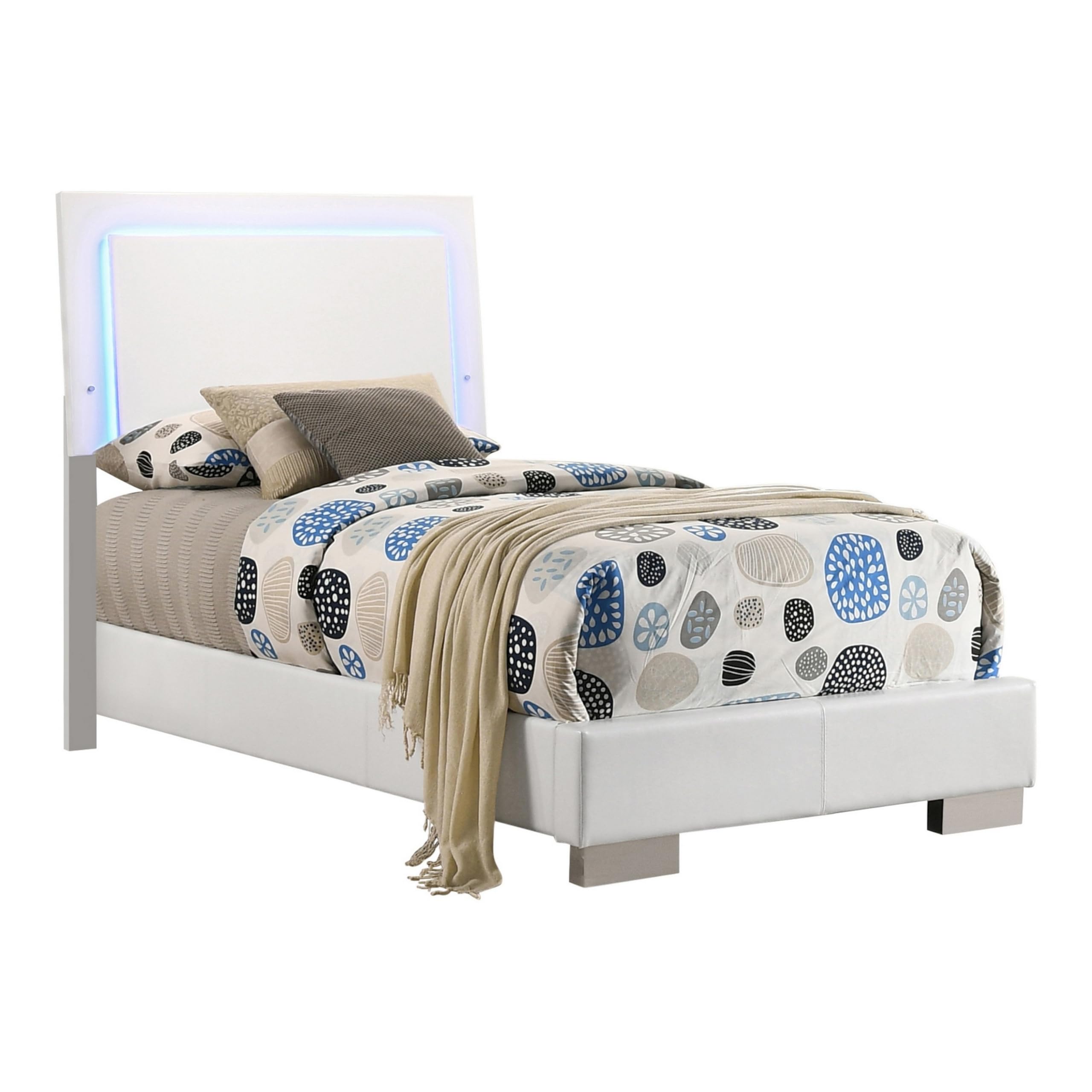 Low Profile Footboard Sok Twin Panel Bed with Led Headboard Glossy White