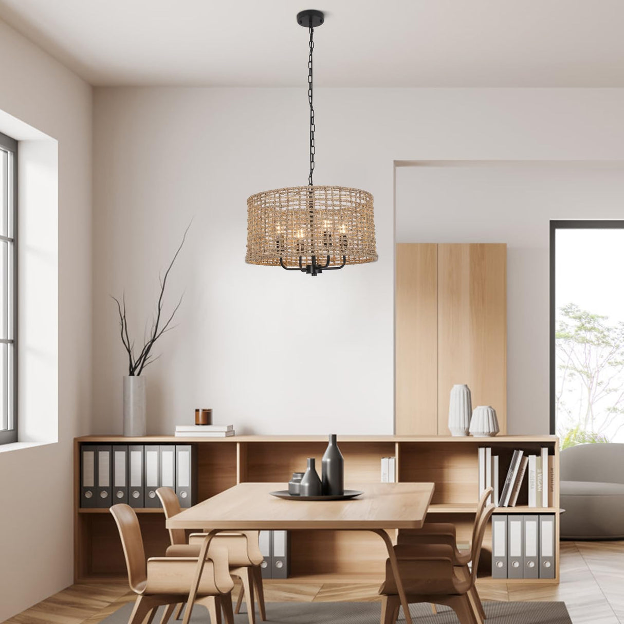 Rattan Chandeliers Light Fixture,4-Light Rattan Chandeliers for Dining Room