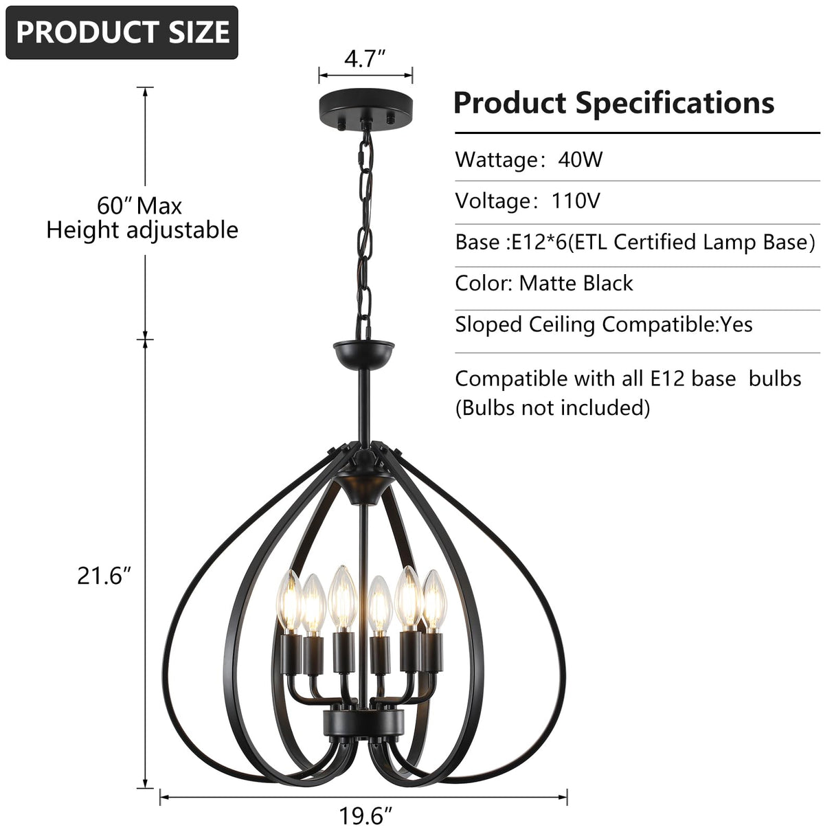 6-Light Black Farmhouse Chandelier - 19.6 Inch Industrial Pendant Light
