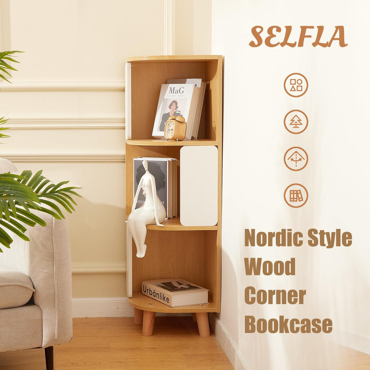 3-Tier Wood Corner Bookshelf, Nordic Style Modern Book Shelf