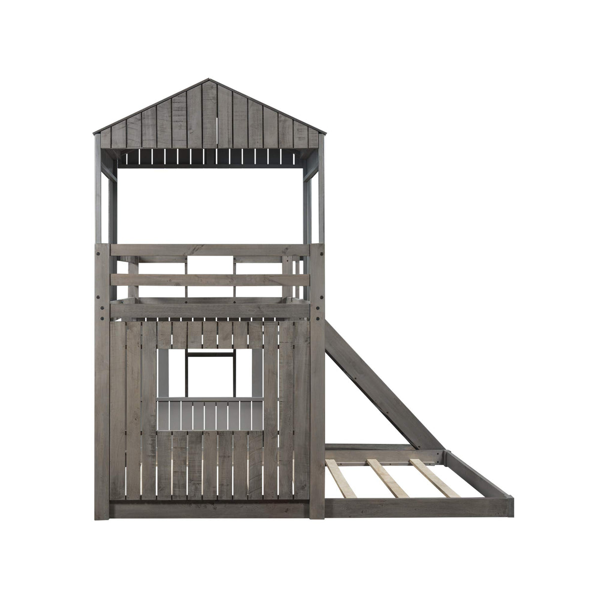 Wood House Loft Bunk Bed with Slide for Kids Toddler, Farmhouse Style Low Bunk Beds