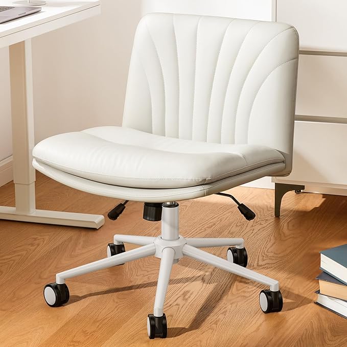 Armless-Office Desk Chair with Wheels: PU Leather Cross Legged Wide Chair