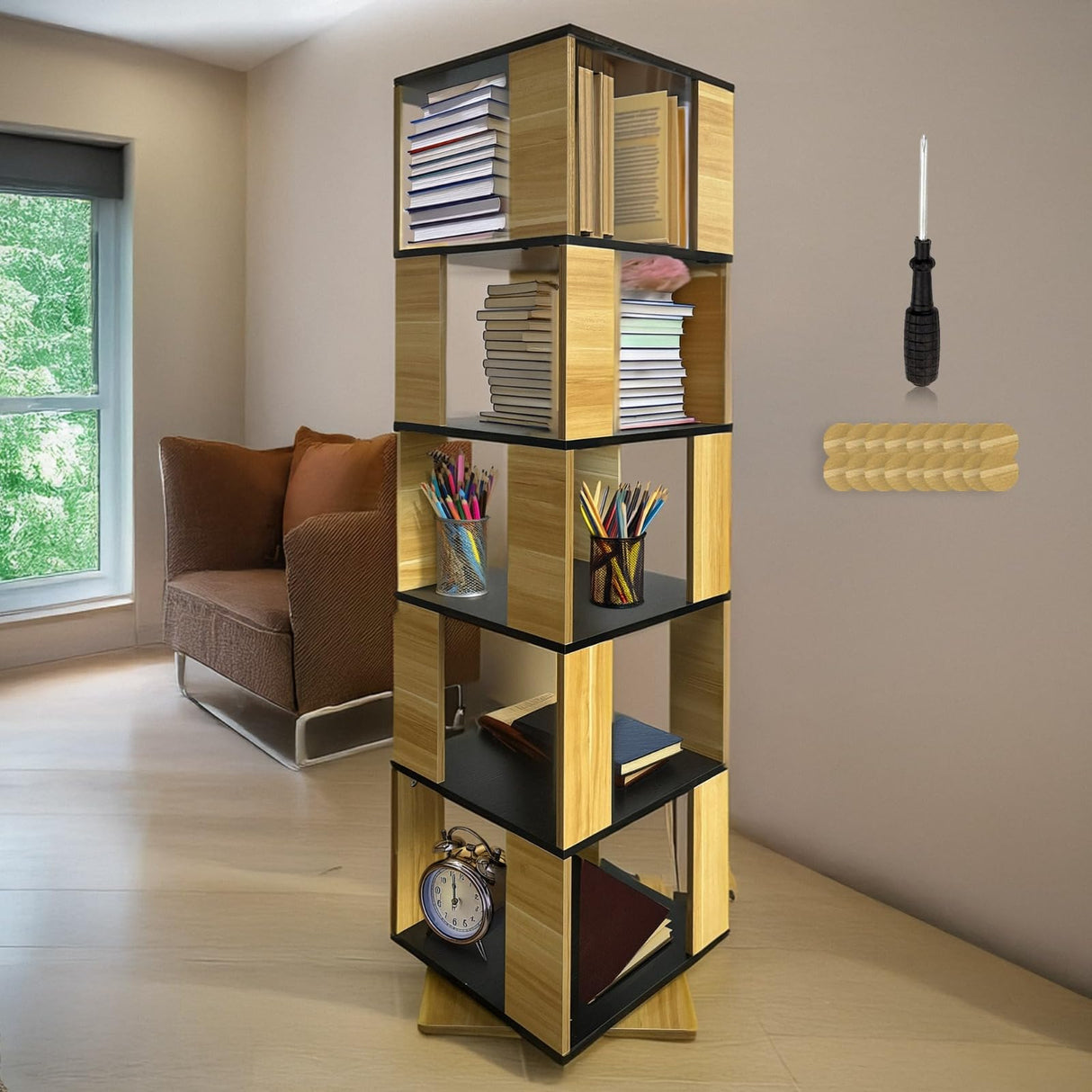 Rotating Bookshelf - 15.75"x15.75"x63.19", Made of MDF, 360º, Assembly Tools Included - Spinning Bookshelf Tower, Revolving Bookcase, Swivel Bookcase, Rotating Bookshelf Tower