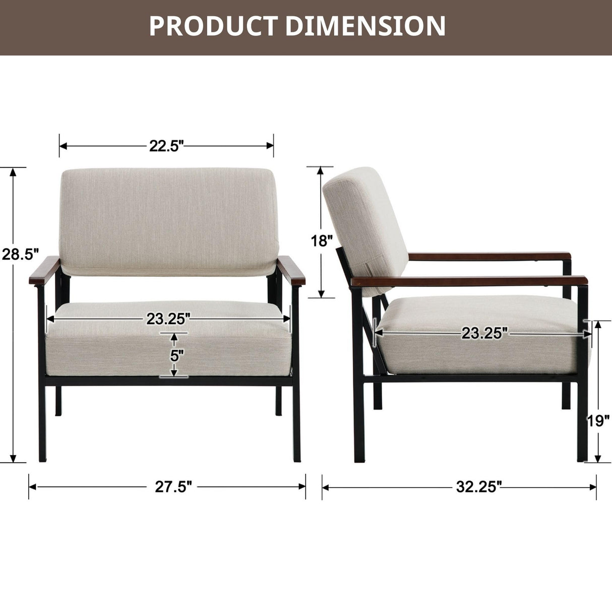 Modern Arm Chairs Set of 2, Mid-Century Accent Chairs with Black Metal Frame 23.25