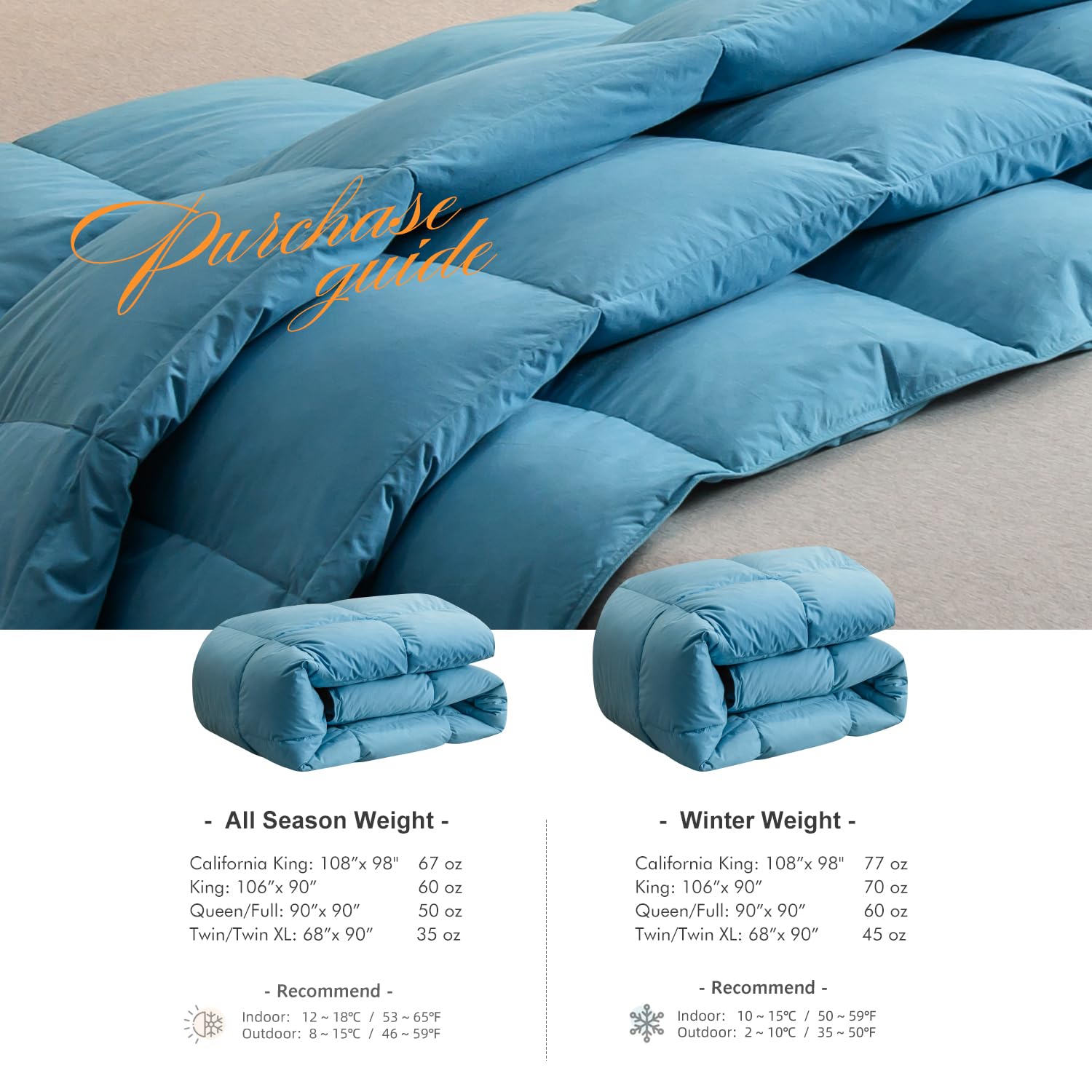 Premium Feathers Down Comforter King Size Heavyweight Thickened Turquoise 100% Cotton Cover