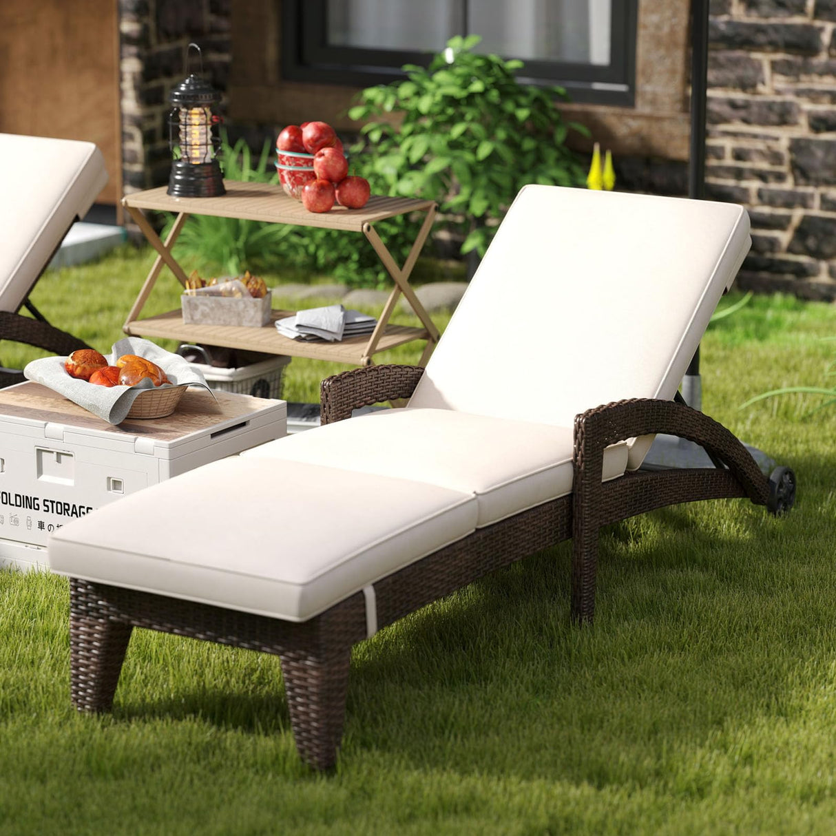 Patio Chaise Lounge Set of 2, Outdoor Wicker Chaise Lounges with Wheels